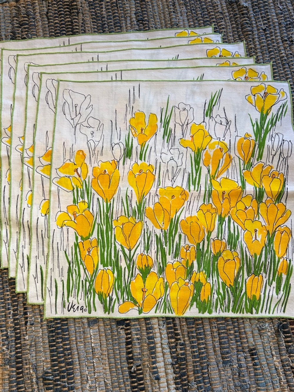 MCM 6 Vintage Vera Neumann Napkins Yellow Spring Tulips Floral Cotton 1970s